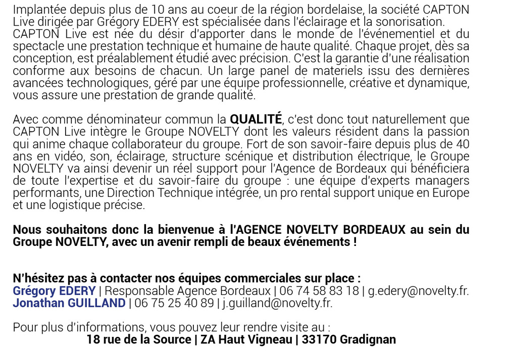 Capton Live intégre Groupe Novelty et devient Novelty Bordeaux